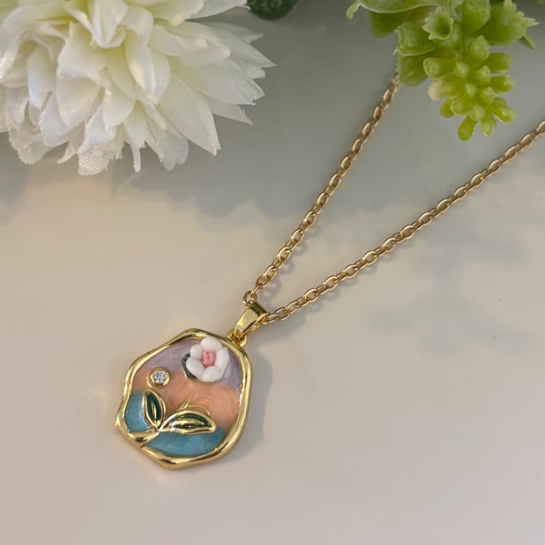 Pastel Floral Necklace, Charm Pendant, Handmade Jewellery 