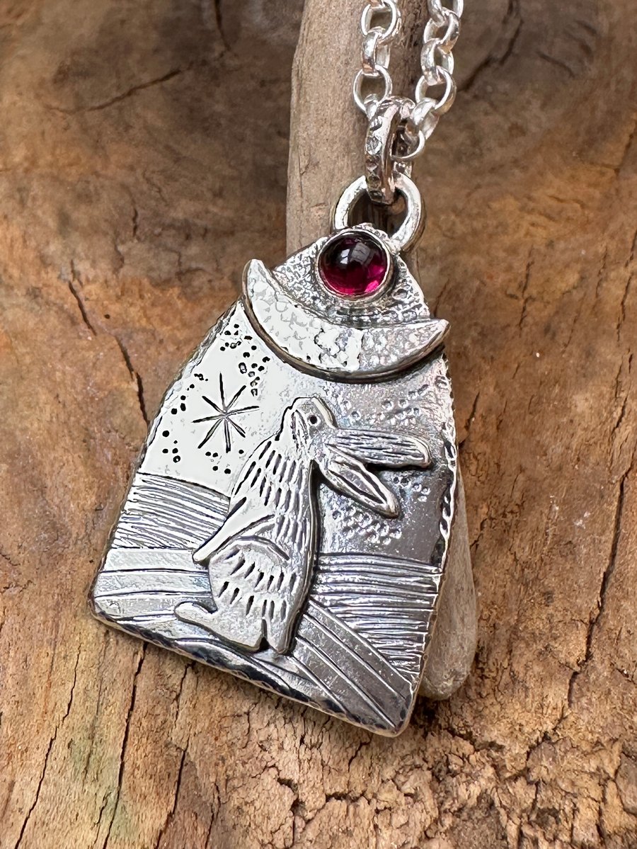 Gazing Hare Pendant with Garnet Cabochon