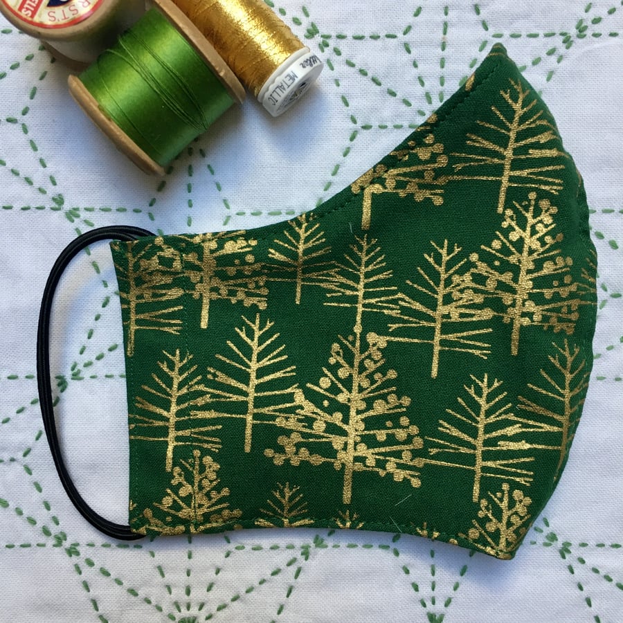 SALE Reusable Gold Christmas Trees on Green Cotton Fabric Face Mask Women