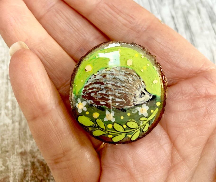 Hedgehog Hand-Painted Wooden Brooch Woodland Animal Gift Rustic Nature Lover Pin