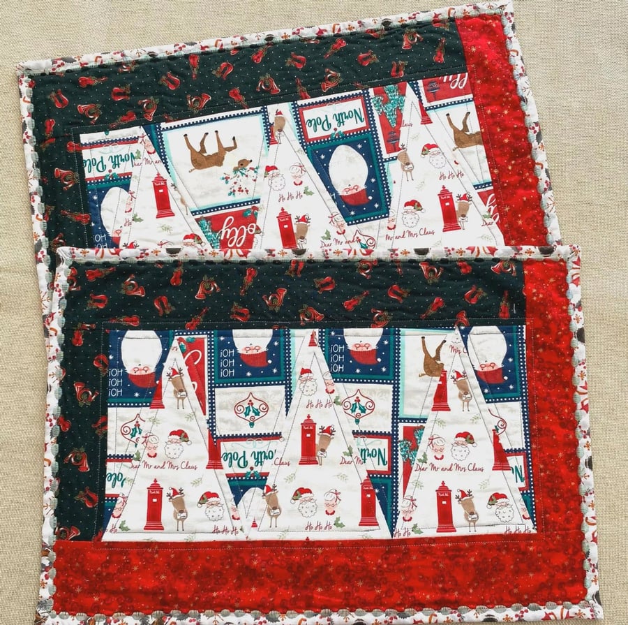 Christmas Quilted Placemats Set of 2 Santa North Pole Handmade Cotton