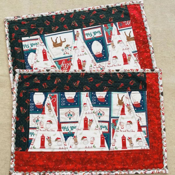 Christmas Quilted Placemats Set of 2 Santa North Pole Handmade Cotton