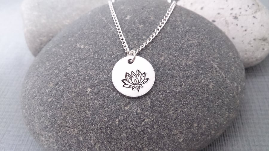 Silver Lotus Pendant, Hand Stamped