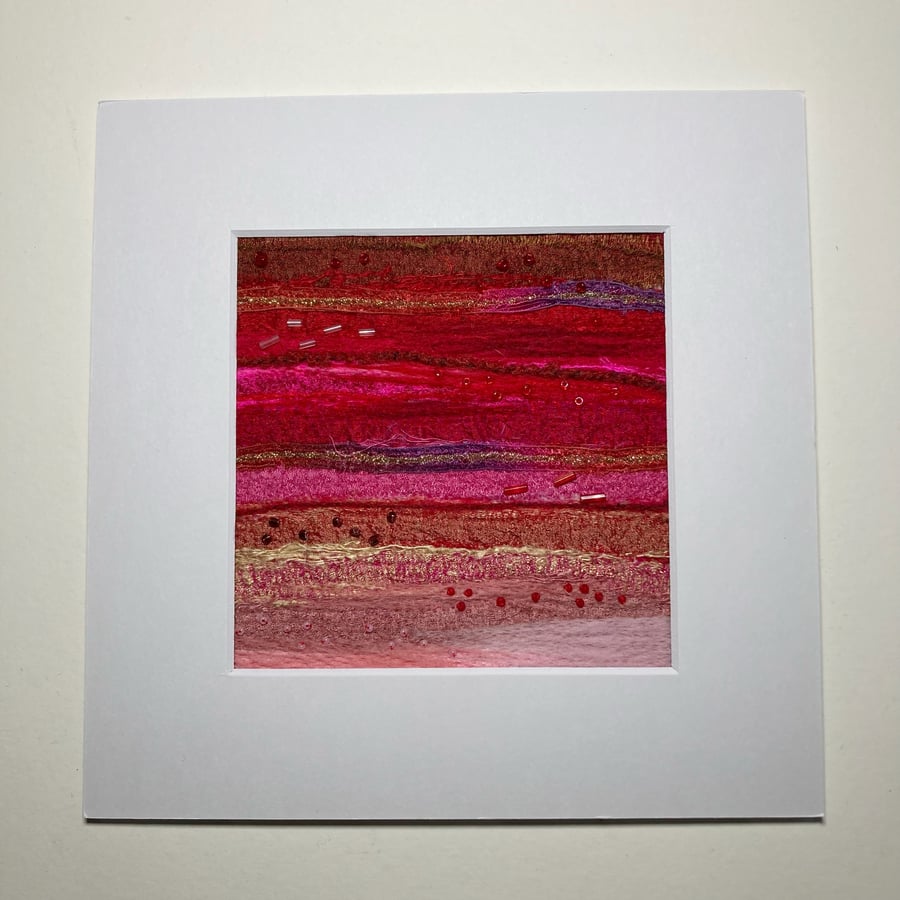 ,Needle felted silk and wool abstract textile art, study in red