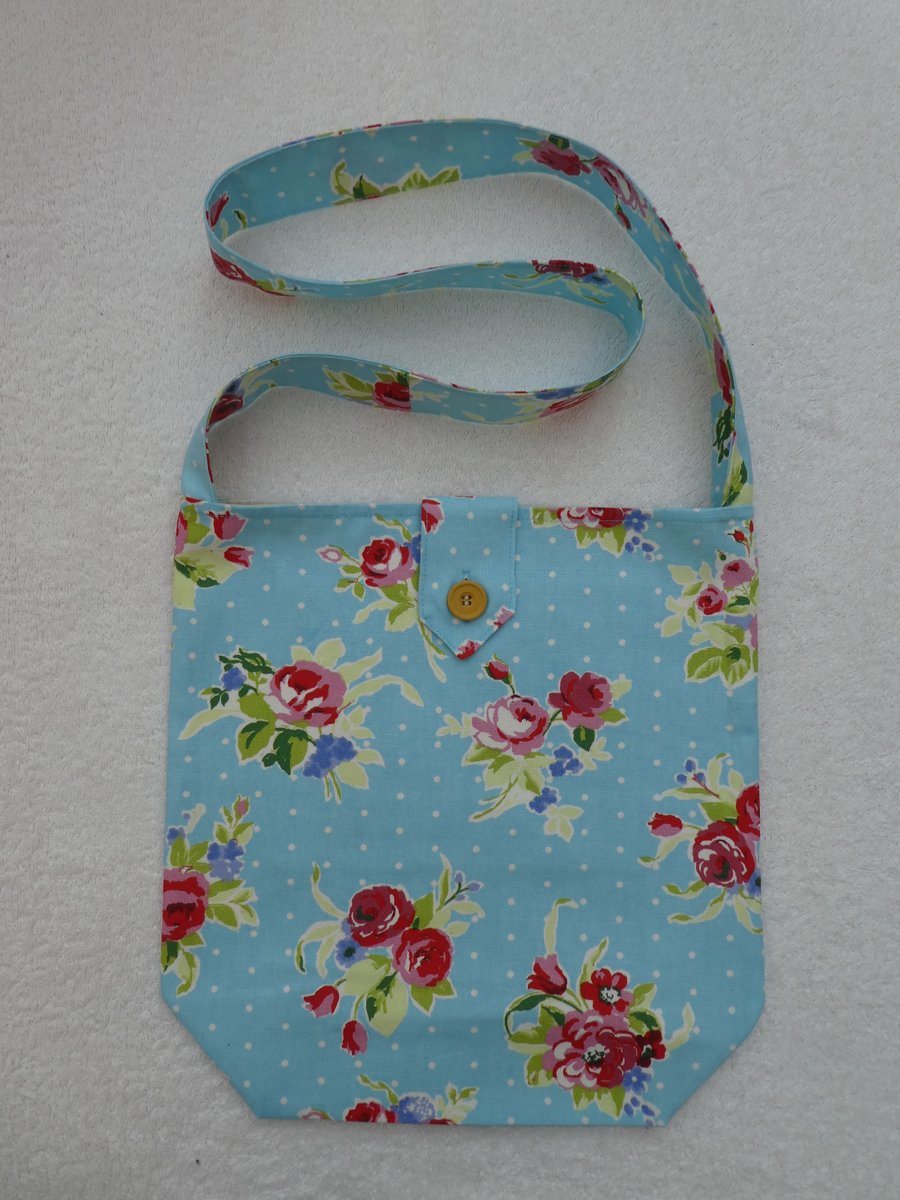 Shoulder Bag in Blue Flower Print Fabric with Inside Pocket and Tab Closure