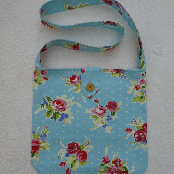 Shoulder Bag in Blue Flower Print Fabric with Inside Pocket and Tab Closure