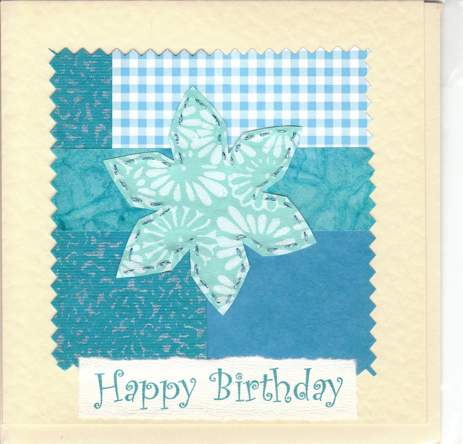 Floral Birthday Card handmade papers-turquoise flower