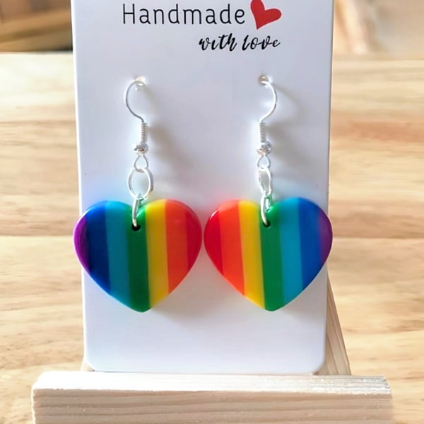 New Rainbow Heart Earrings 925 Silver Hooks, Pride, Quirky Jewellery, Festivals
