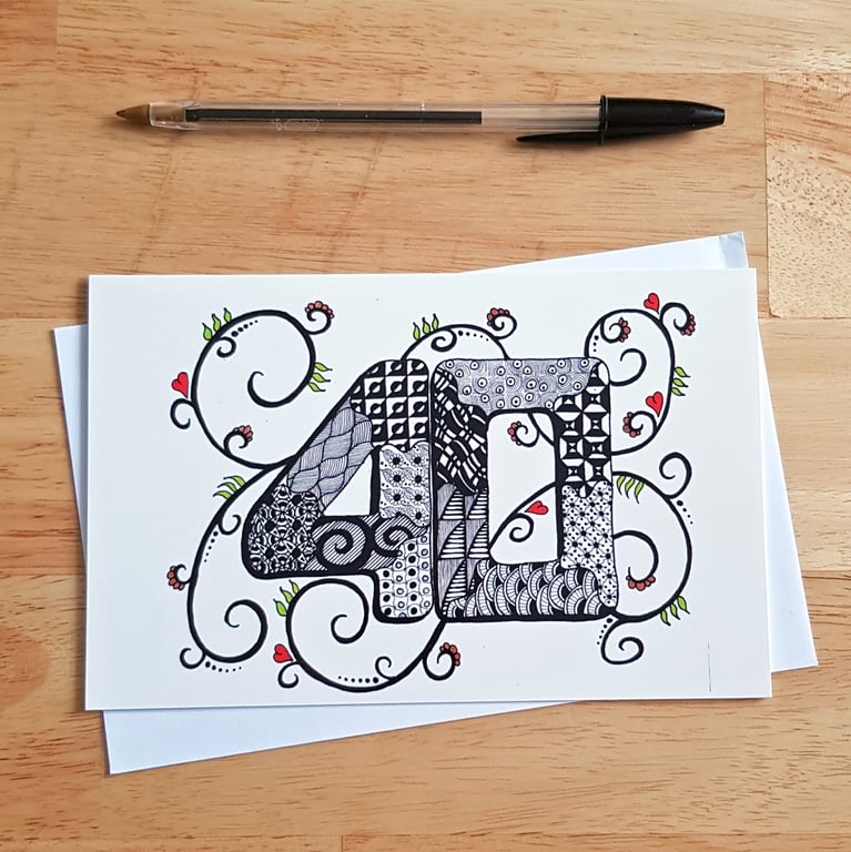 40th Birthday Card - Hand Drawn Doodle Art Milestone Birthday Card