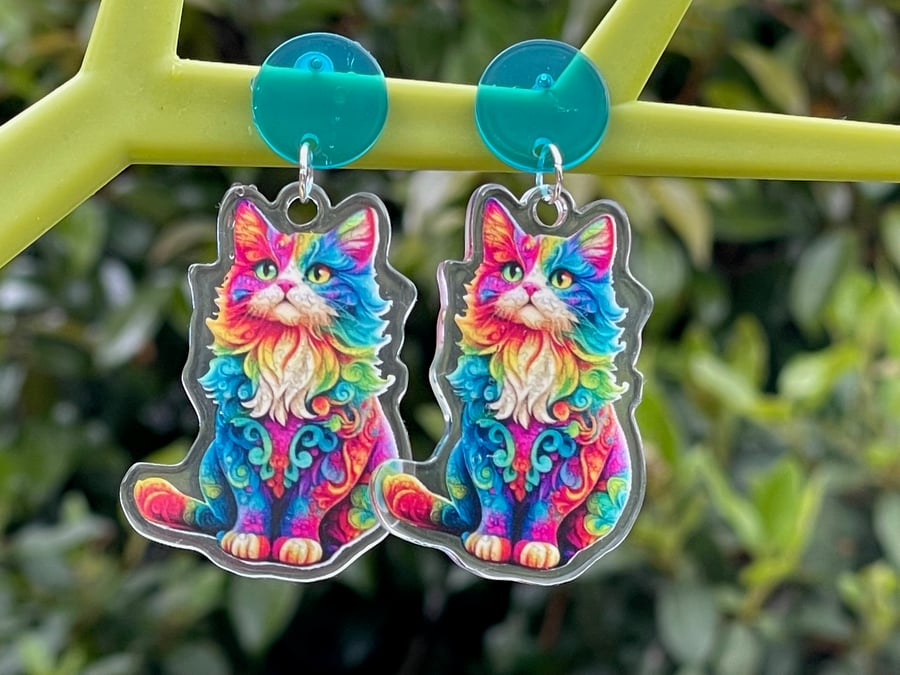 NEON cat earrings rainbow festival cool