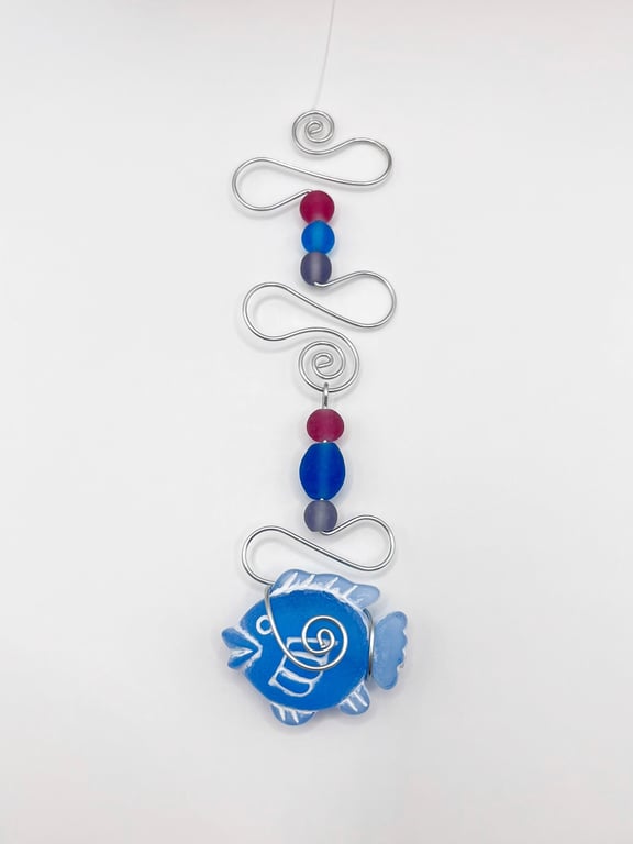 Blue Fish and Wire Mobile with Lilac and Turquoise Glass Beads