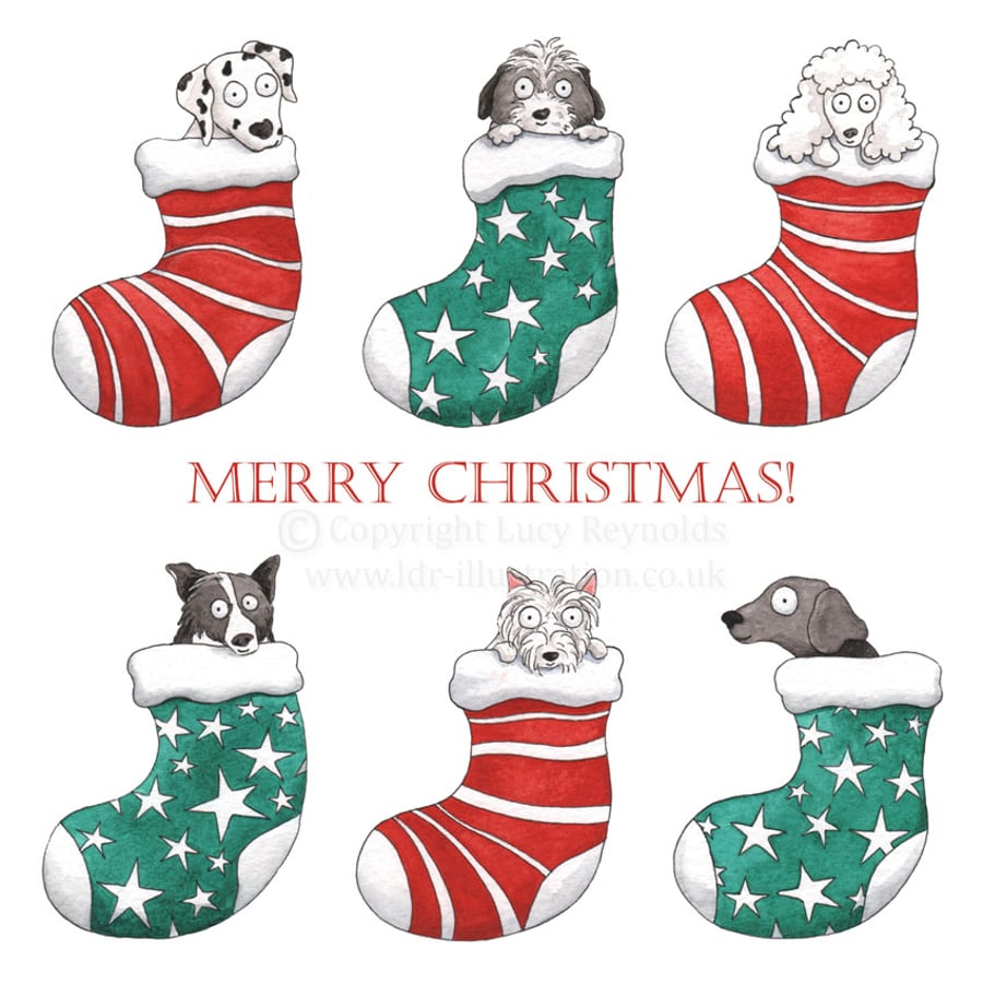 Pack of 4 - 'Dogs in Stockings' Christmas Cards