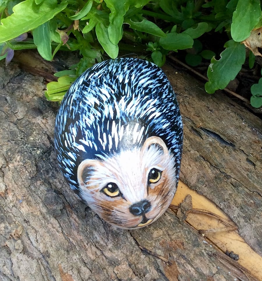 Hedgehog Miniature painted on pebble garden rock art 