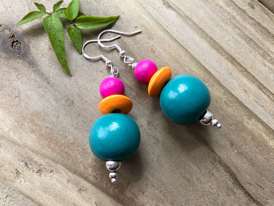 Big Wooden Bead Earrings. Dark Teal Green, Orange & Hot Pink Dangly Beaded