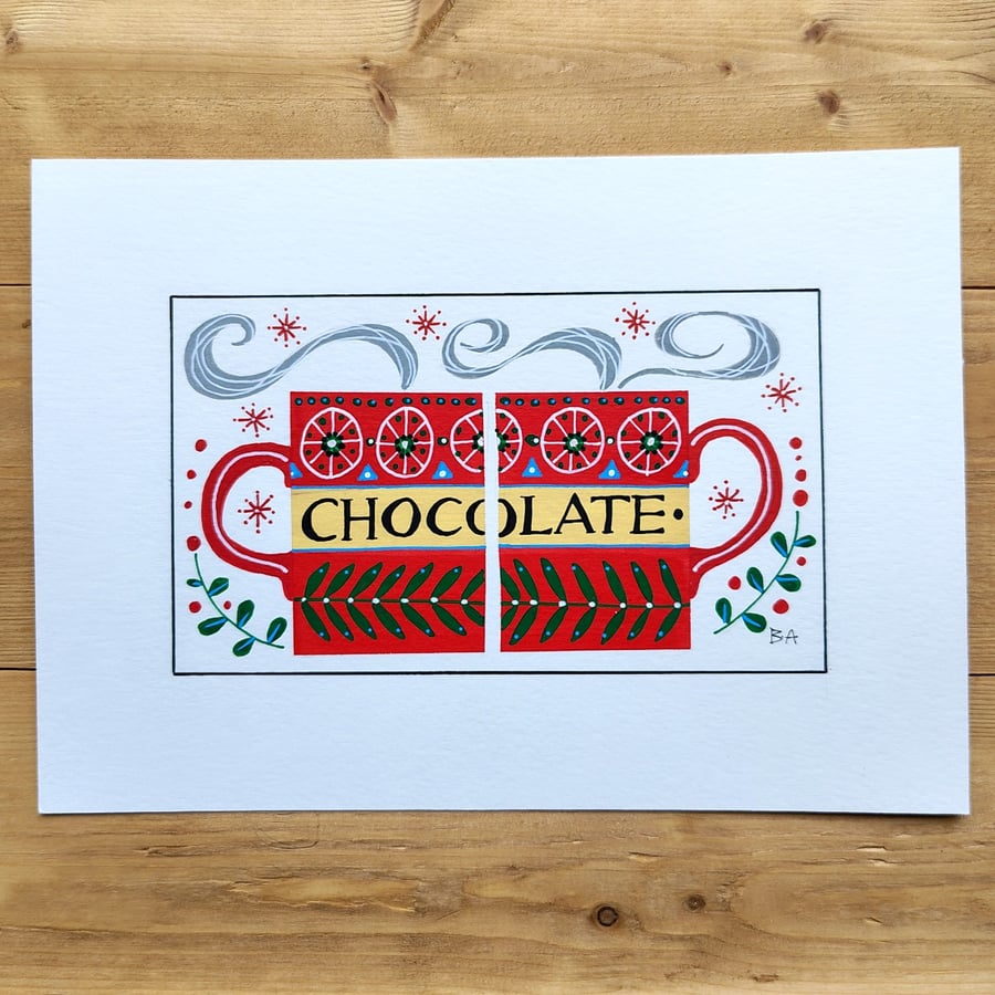 Hot chocolate mugs folk art original painting, A5 acrylic mothers day gift 