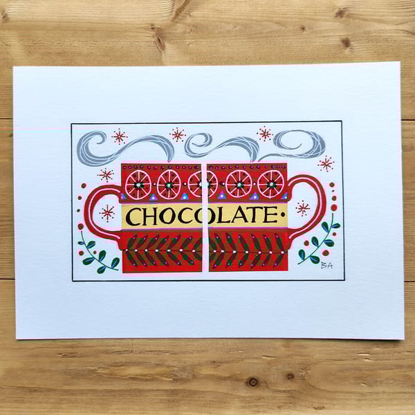 Hot chocolate mugs folk art original painting, A5 acrylic mothers day gift 