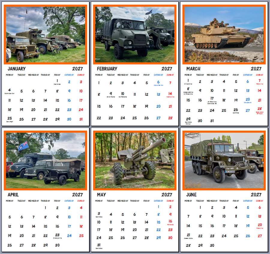 2027 Calendar Military Vehicles A4 Size Wall Hanging 