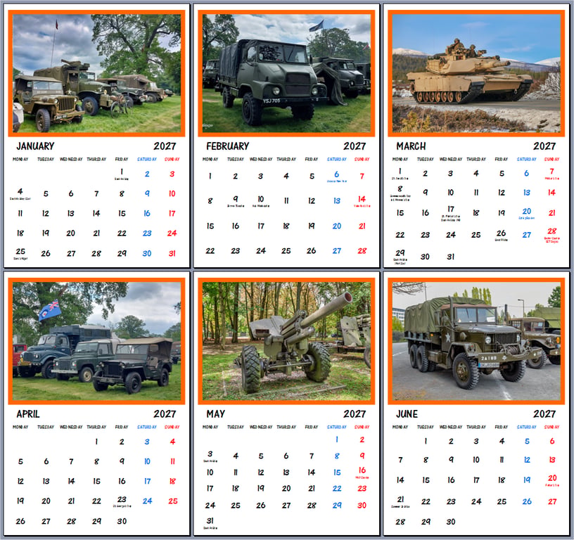 2027 Calendar Military Vehicles A4 Size Wall Hanging 