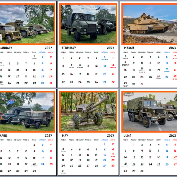2027 Calendar Military Vehicles A4 Size Wall Hanging 