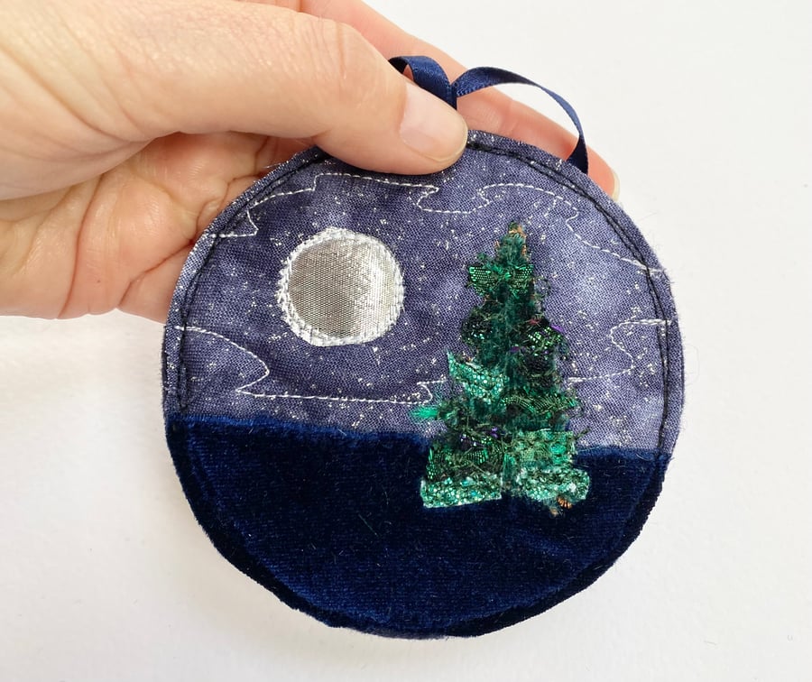Upcycled embroidered Christmas tree with full moon scene home decoration. 