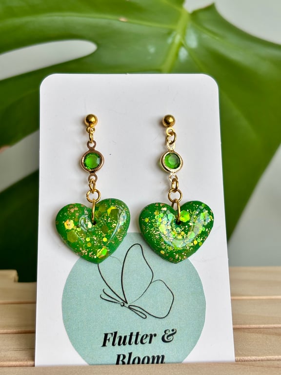 Green Glitter Heart Earrings