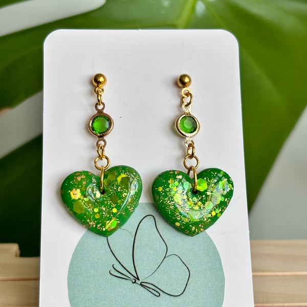 Green Glitter Heart Earrings