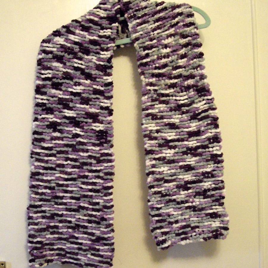 Purple Pom Pom Hand Knitted Scarf  