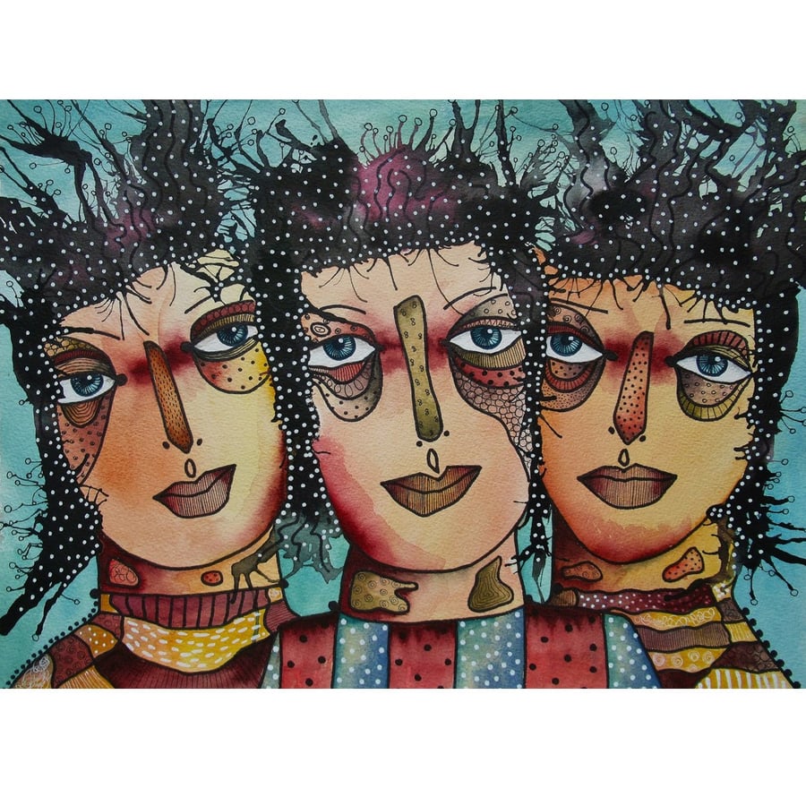 Watercolour Portrait Heads Painting Quirky Abstract Figurative Outsider Folk Art