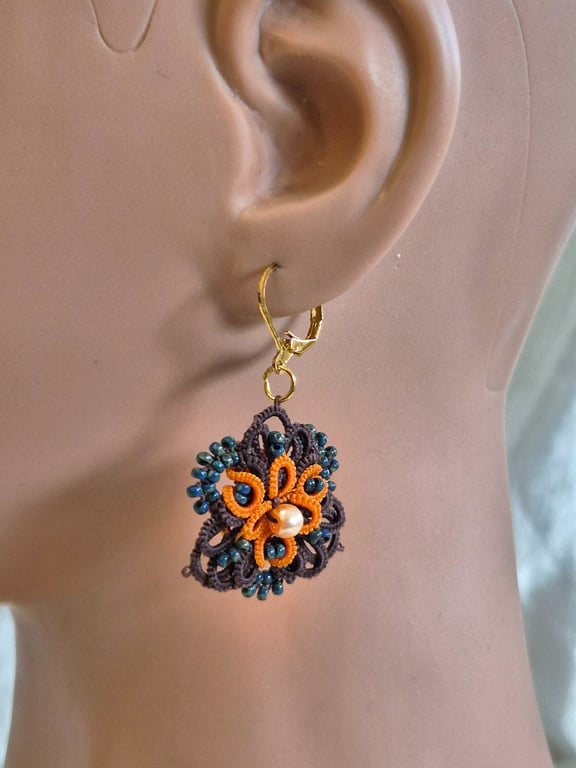Handmade Autumn Lace Earrings – Brown Orange & Teal Tatting Jewellery