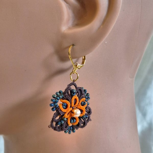 Handmade Autumn Lace Earrings – Brown Orange & Teal Tatting Jewellery