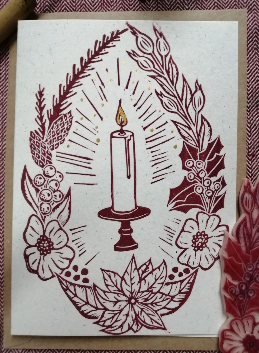 Christmas candle lino print card with gold details
