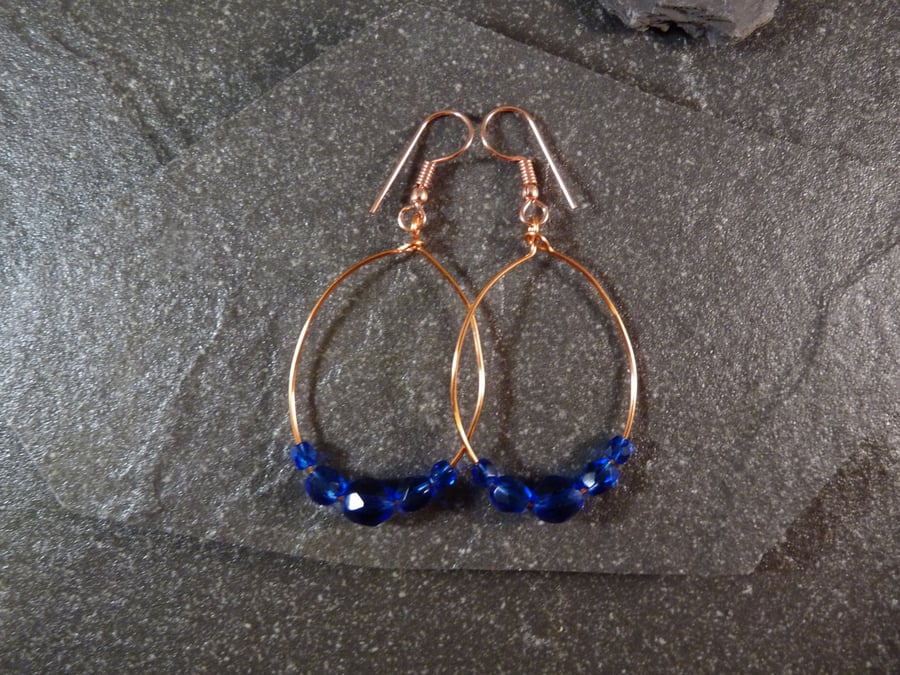 Large Hoop Earrings - Sapphire Blue Faceted Glass - 40mm - Copper 