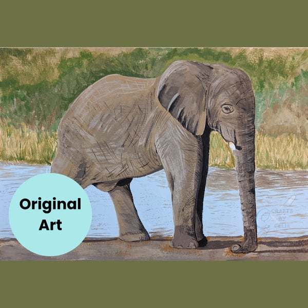 Elephant Original Painting for Nature Lovers. Gouache Painting on Tan Paper