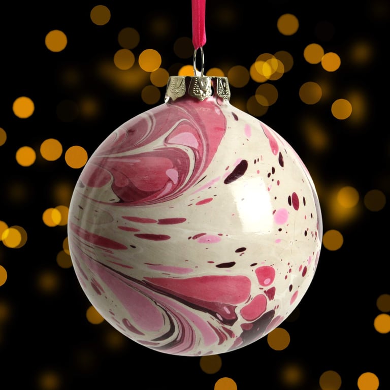 Large hand marbled ceramic Christmas decoration bauble pink red