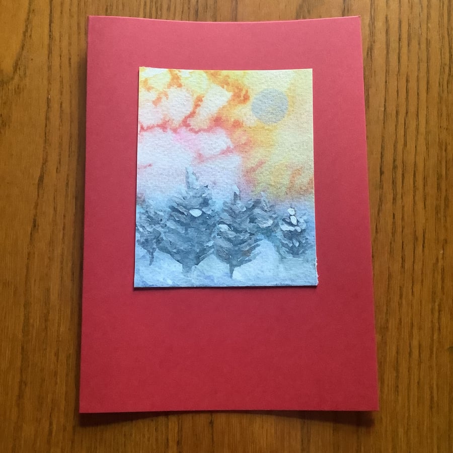 Hand-painted Christmas Yule Card 'Little Snowy Trees'