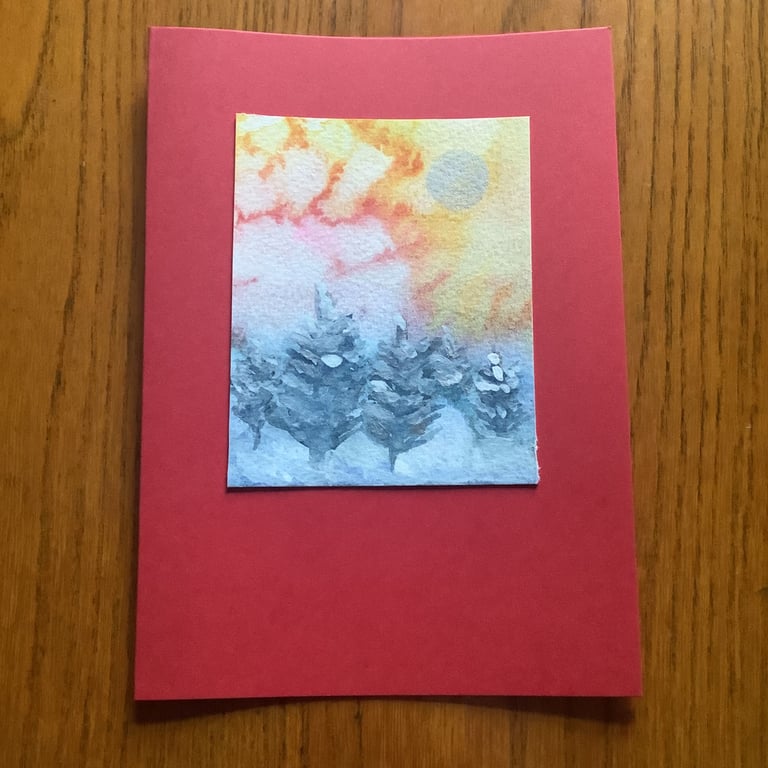 Hand-painted Christmas Yule Card 'Little Snowy Trees'