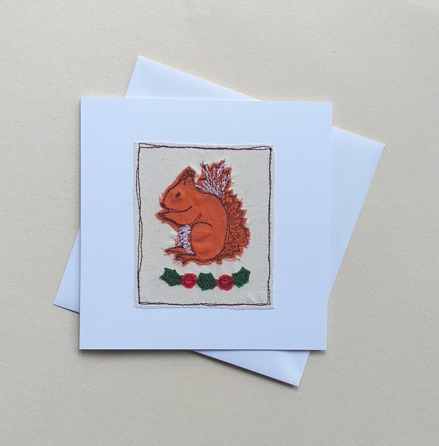 Embroidered Squirrel Christmas Card