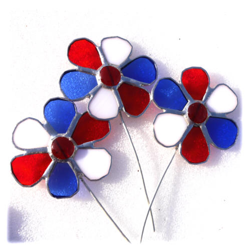 Flower Stained Glass Plant Stick Suncatcher red white and blue
