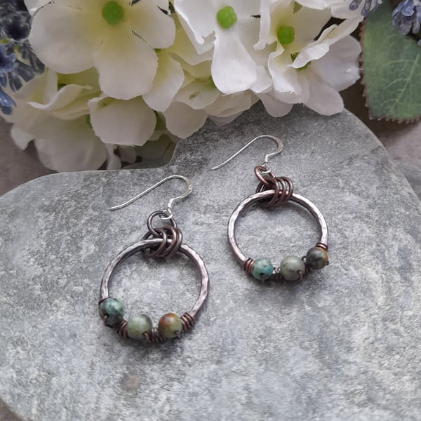 Oxidised Copper Hoops African Turquoise  Sterling Silver  Dangle Earrings
