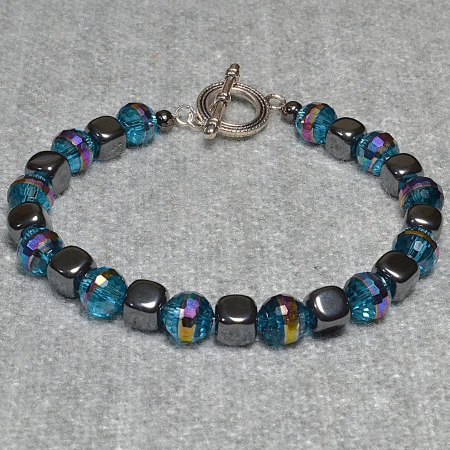 Hematite Cube and Blue Faceted AB Banded Glass Crystal Bracelet
