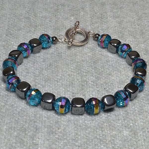 Hematite Cube and Blue Faceted AB Banded Glass Crystal Bracelet