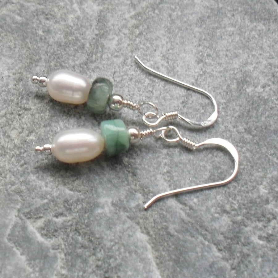 Dainty Freshwater Pearls and Emerald Sterling Silver Drop Earrings