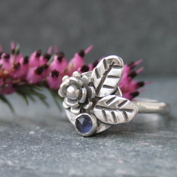 Sterling silver statement ring with flowers, unique silver ring