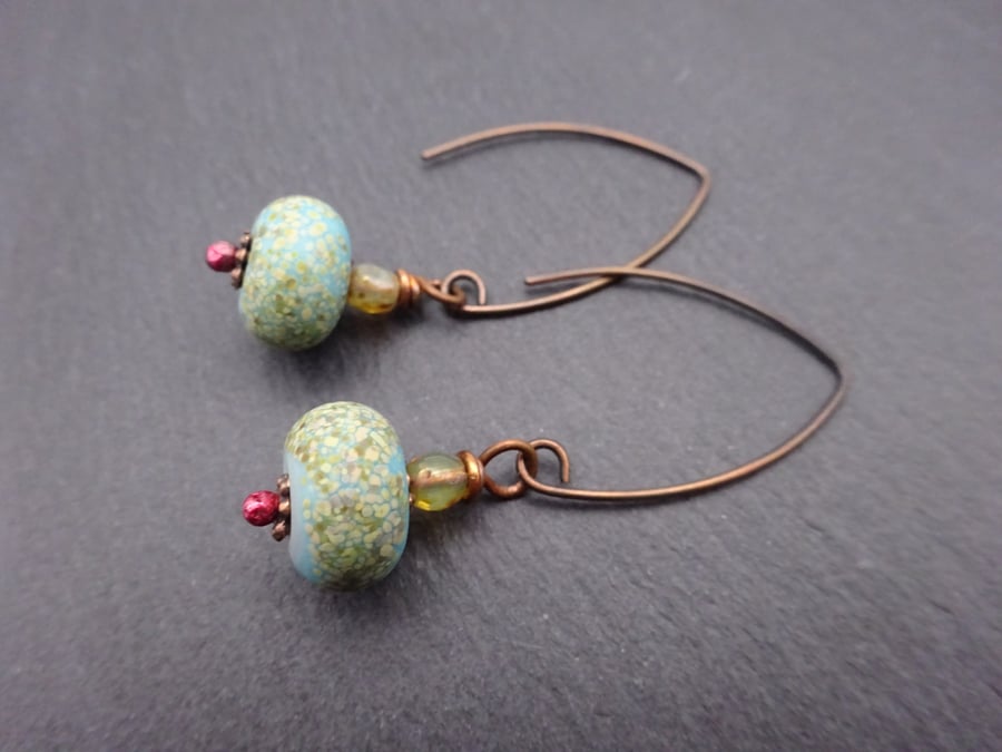lampwork glass pale green earrings, copper jewellery