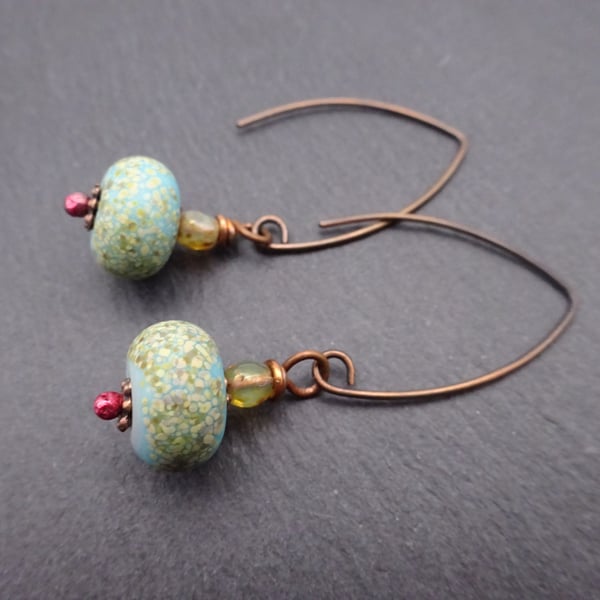 lampwork glass pale green earrings, copper jewellery