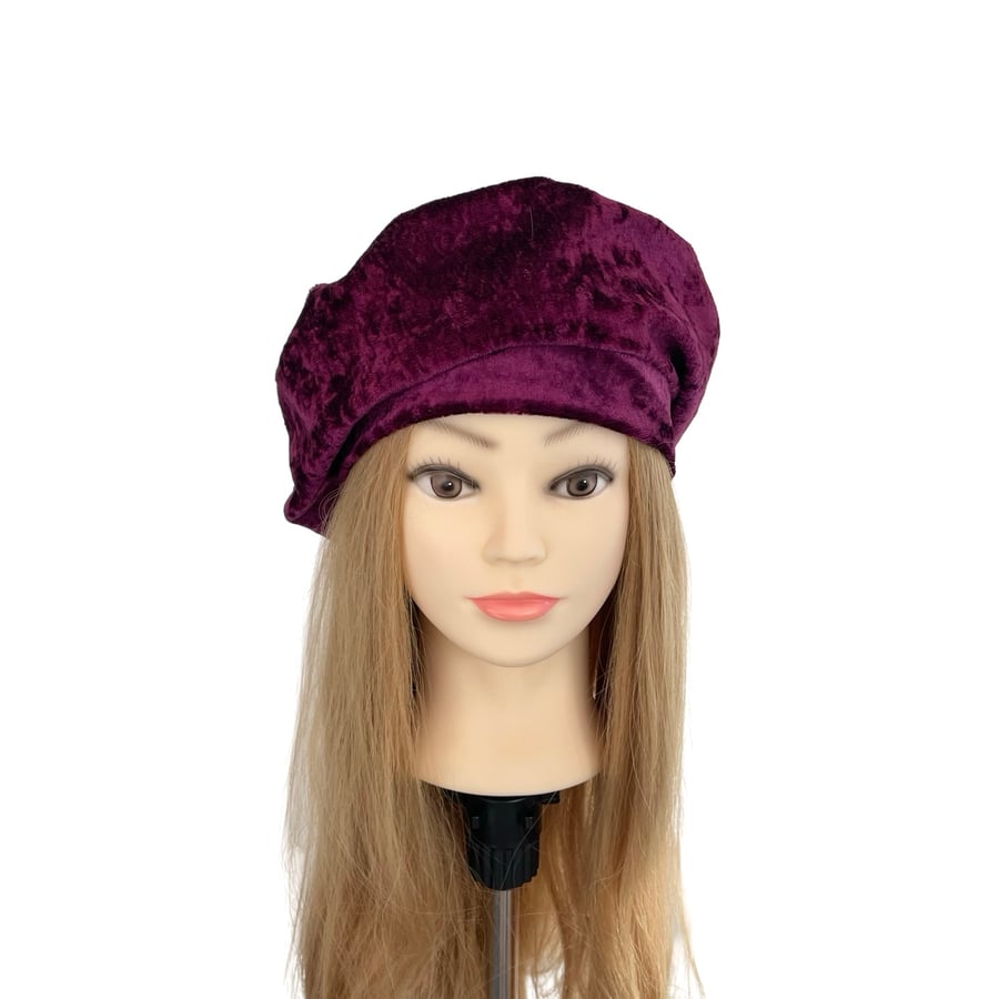 Retro Vintage Style Beret Hat for Women Slouch Wine Red Crushed Velvet Beret Hat