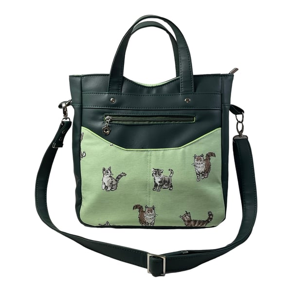 Handbag in faux leather and cat print, vegan ladies gift, handles and crossbody 