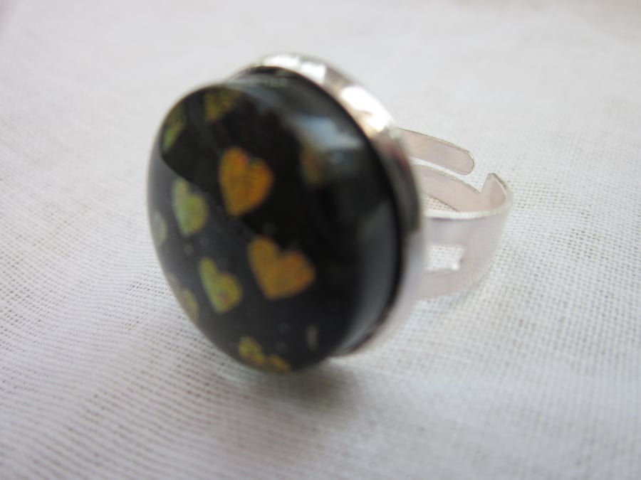 Handmade glass cabochon modern ring -'Flame' heart dichroic 