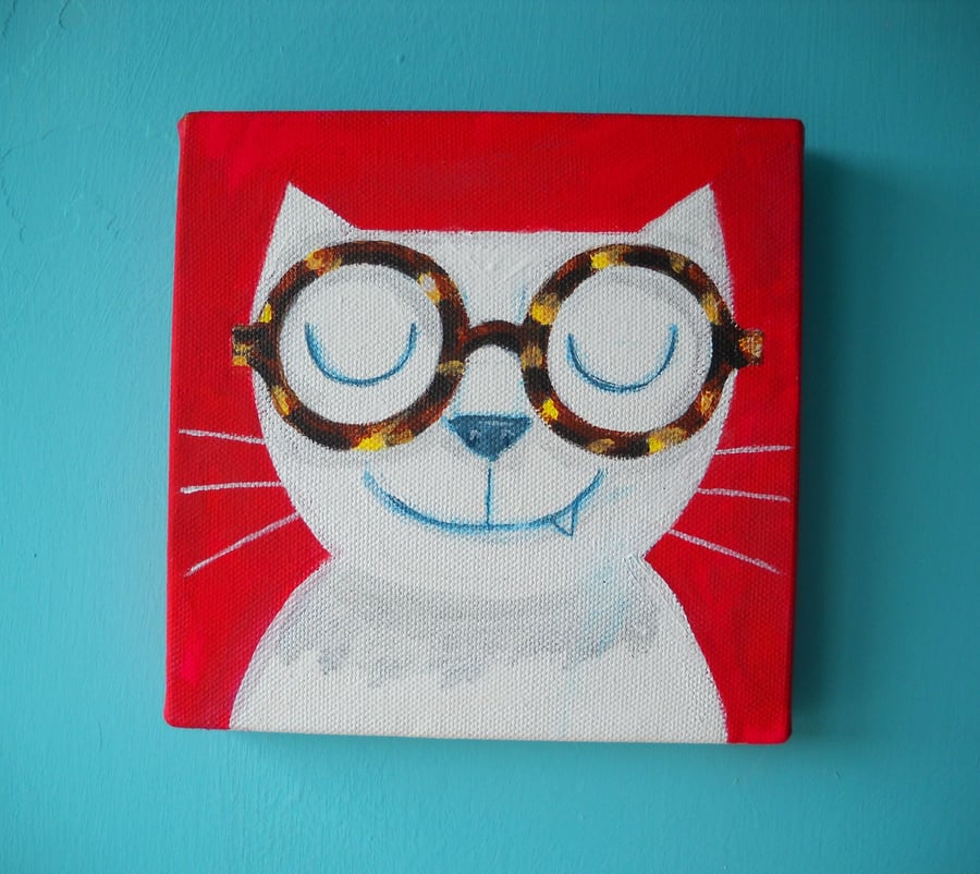  Spectacles Cat- original fun cat painting on canvas, with FREE SHIPPING UK