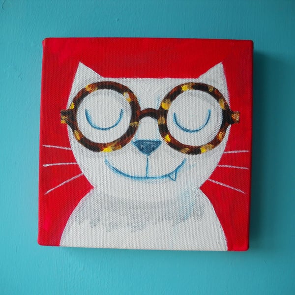  Spectacles Cat- original fun cat painting on canvas, with FREE SHIPPING UK